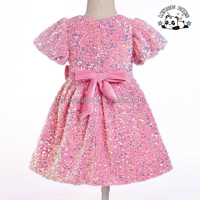 LEZONKIDS - Vestido de Veludo Personalizado para Crianças, Vestidos de Meninas com Lantejoulas, Manga Curta Bufante, Festa de Aniversário, Festa de Fim de Ano, Vestido de Princesa Brilhante